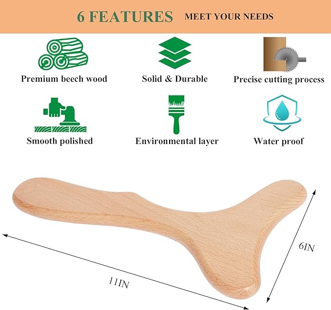 Wooden 3-Prong Gua Sha Massage Tool – 11 Inch Natural Beech Wood Full Body Scraping Board – Waterproof, Ergonomic & Polished for Deep Tissue Relief